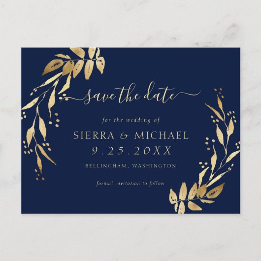 Elegant Navy Blue Golden Foliage Save the Date Aankondigingskaart (Voorkant)