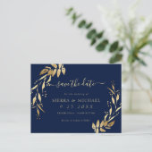 Elegant Navy Blue Golden Foliage Save the Date Aankondigingskaart (Staand voorkant)
