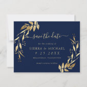 Elegant Navy Blue Golden Foliage Save the Date Kaart (Voorkant)