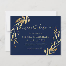 Elegant Navy Blue Golden Foliage Save the Date Kaart
