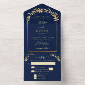 Elegant Navy Blue Golden Foliage Wedding Arch All In One Uitnodiging (Binnen)