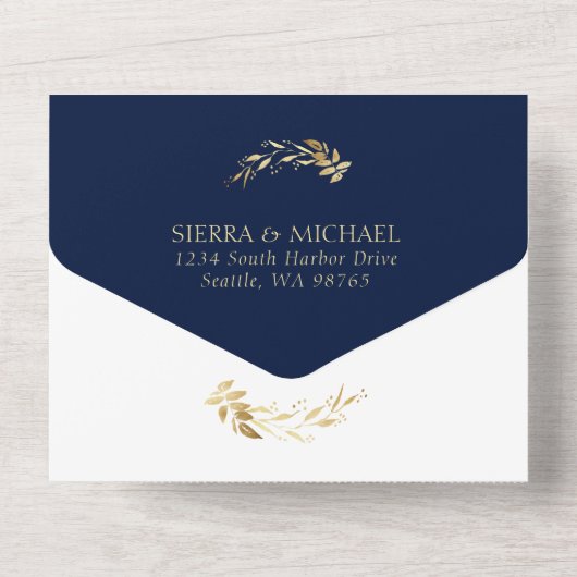 Elegant Navy Blue Golden Foliage Wedding Arch All In One Uitnodiging (Achterkant)