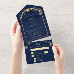 Elegant Navy Blue Golden Foliage Wedding Arch All In One Uitnodiging