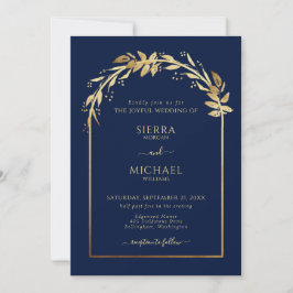 Elegant Navy Blue Golden Foliage Wedding Arch Kaart