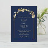 Elegant Navy Blue Golden Foliage Wedding Arch Kaart (Staand voorkant)