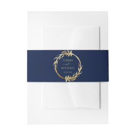 Elegant Navy Blue Golden Foliage Wedding Uitnodigingen Wikkel