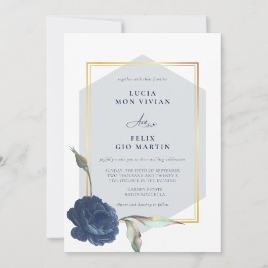 Elegant Navy Blue Golden Lijst Floral Wedding Kaart (Voorkant)