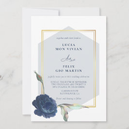 Elegant Navy Blue Golden Lijst Floral Wedding Kaart