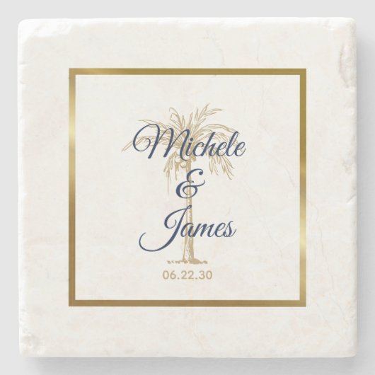 Elegant Navy Blue Golden Palm Tree Modern Wedding Stenen Onderzetter (Voorkant)
