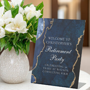 Elegant Navy Blue Goud Agaat Pensioenfeest Reclamebord Met Voetstuk