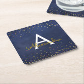 Elegant Navy Blue - Goudfolie Confetti Monogram Kartonnen Onderzetters (Schuin)