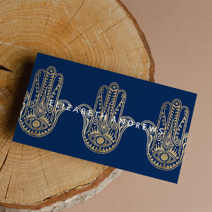 Elegant navy blue-goudhenna hamsa hand van Fatima Visitekaartje