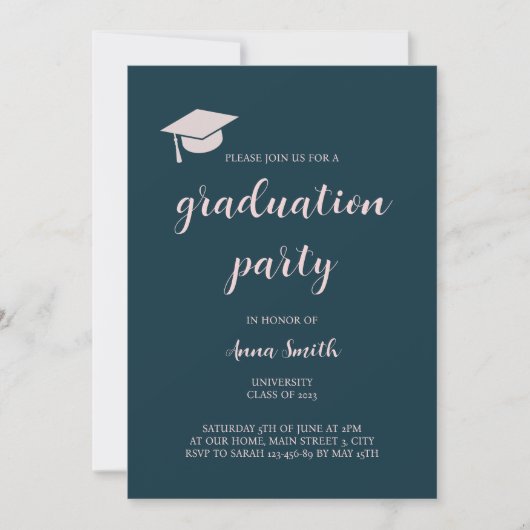 Elegant Navy Blue Graduation Party Invitation Kaart (Voorkant)