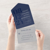 Elegant Navy Blue Gray Typography Wedding All In One Uitnodiging (Afscheurbaar)