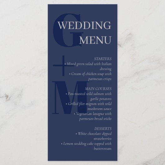 Elegant Navy Blue Gray Typography Wedding Menu (Voorkant)