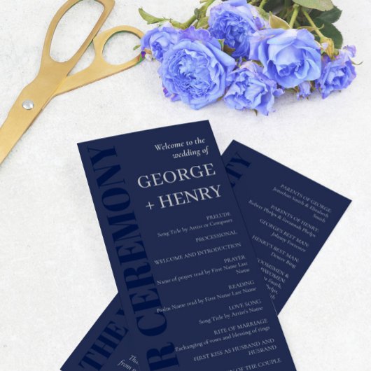 Elegant Navy Blue Gray Typography Wedding Programm