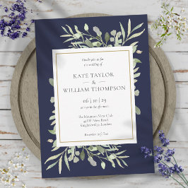 Elegant Navy Blue Greenery's Wedding Kaart