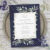 Elegant Navy Blue Greenery's Wedding Kaart