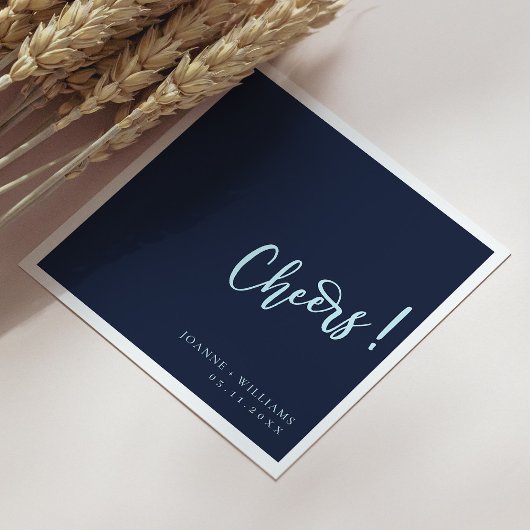 Elegant Navy Blue Hand Lettering Cheers Wedding Servet