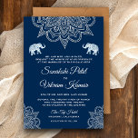 Elegant Navy Blue Henna Indian Wedding Invitation Kaart<br><div class="desc">Verrijk je gasten met deze traditionele trouwuitnodiging met een elegante hennekunst en prachtig versierde olifanten tegen een blauw marineklein. Voeg eenvoudig uw gebeurtenisdetails op deze makkelijk te gebruiken sjabloon toe om het één-van-een-soort uitnodiging te maken. Deze kaart is volledig aanpasbaar. Alle teksten zijn editable en de achtergrondkleur kan gemakkelijk worden...</div>