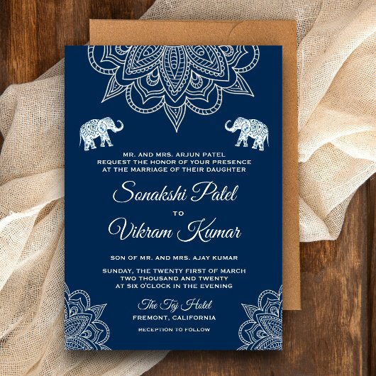 Elegant Navy Blue Henna Indian Wedding Invitation Kaart