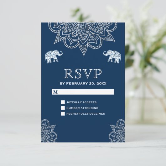 Elegant Navy Blue Henna Indiase bruiloft RSVP Kaartje (Staand voorkant)