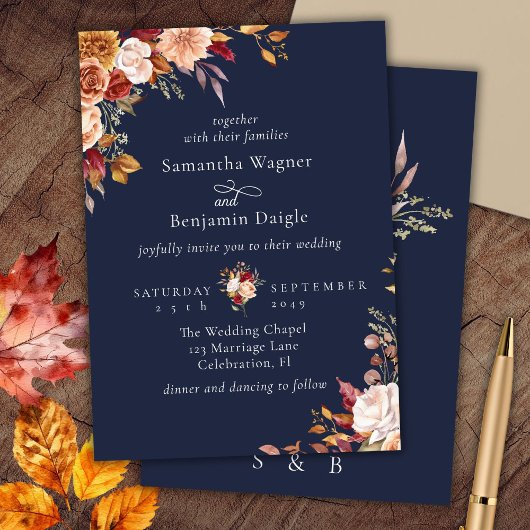 Elegant Navy Blue Herfst Floral bruiloft uitnodigi Kaart