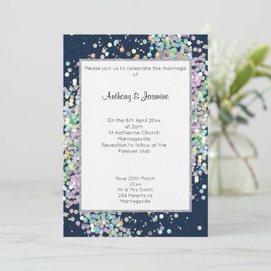 ELEGANT NAVY BLUE HOLOGRAPHIC PASTEL WEDING KAART (Staand voorkant)