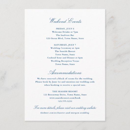 Elegant Navy Blue Hotel en Weekend Evenementen Informatiekaartje (Voorkant)