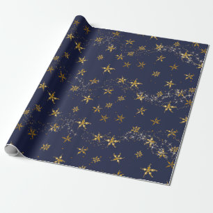 Elegant Navy Blue in Gold Snowflake kerststerren Cadeaupapier
