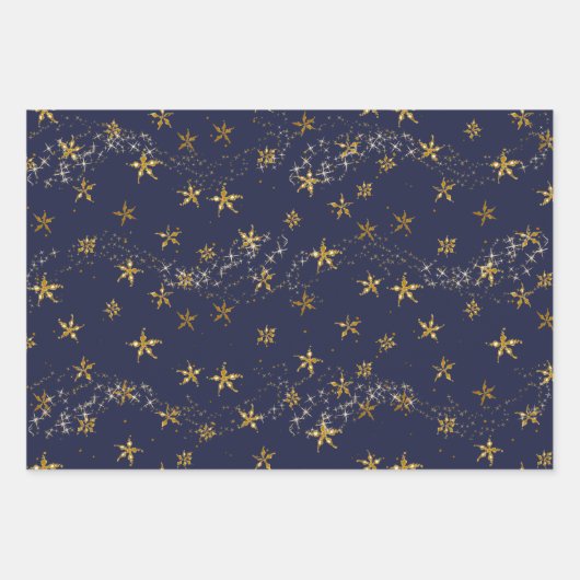 Elegant Navy Blue in Gold Snowflake kerststerren Inpakpapier Vel (Voorkant 3)