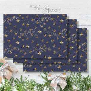 Elegant Navy Blue in Gold Snowflake kerststerren Inpakpapier Vel