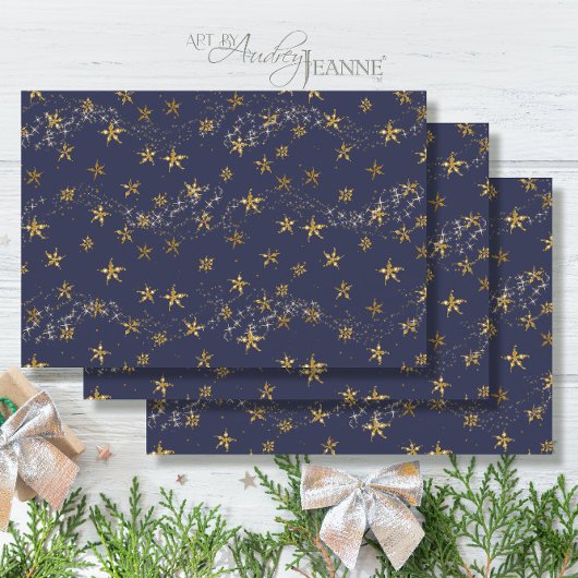 Elegant Navy Blue in Gold Snowflake kerststerren Inpakpapier Vel
