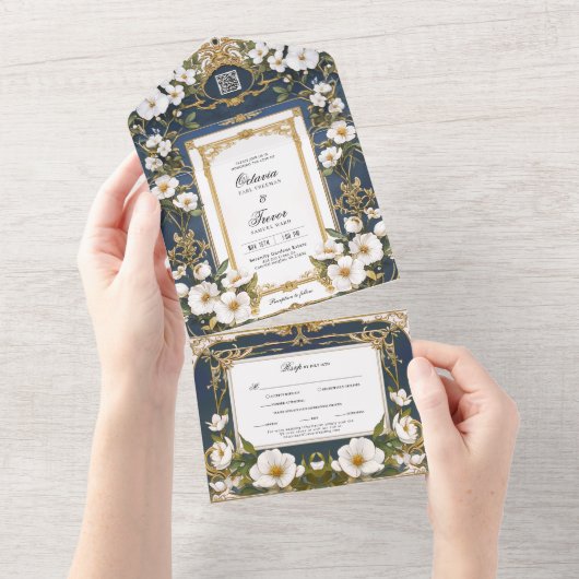 Elegant Navy Blue in one Weddenation All In One Uitnodiging (Afscheurbaar)