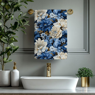 Elegant Navy Blue Ivory Gold Floral Bath Towel Bad Handdoek