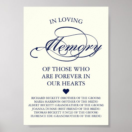 Elegant Navy Blue & Ivory Script Wedding Memorial Poster (Voorkant)
