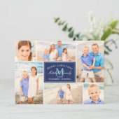 Elegant Navy Blue Kerstmonogram Foto Collage Feestdagenkaart (Staand voorkant)