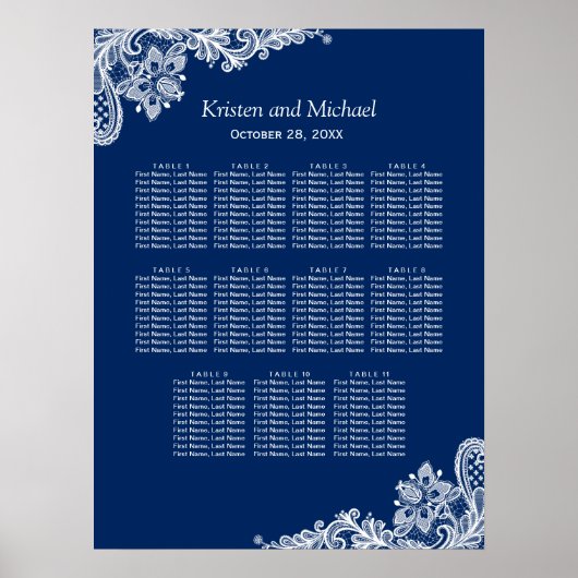 Elegant Navy Blue Lace Wedding Seding Chart Poster (Voorkant)