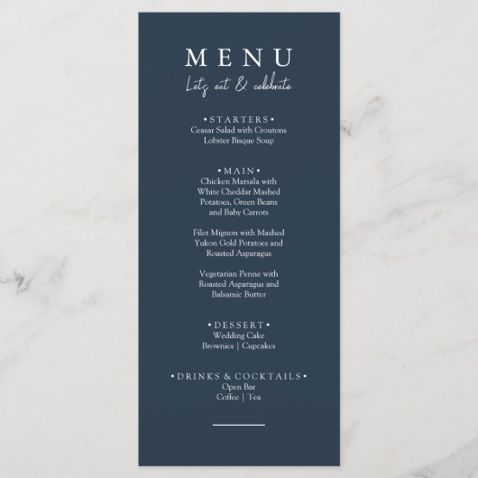 Elegant Navy Blue Laten we kalligrafie bruiloft et Menu (Voorkant)