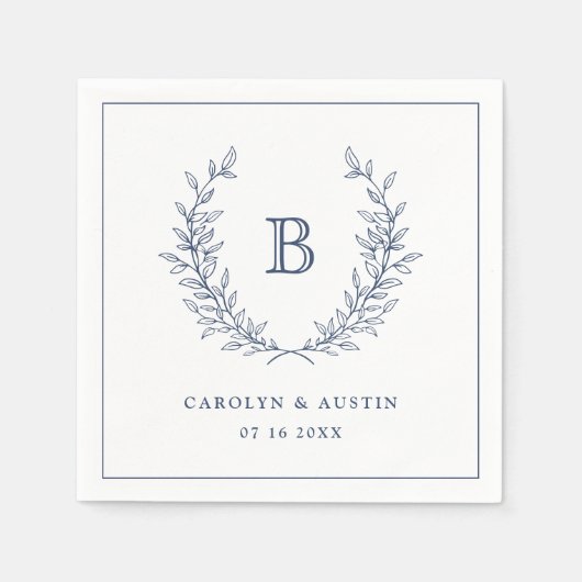 Elegant Navy Blue Laurel Wreath Wedding Monogram Servet (Voorkant)