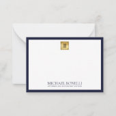 Elegant Navy Blue Leather Gold Logo Monogram Notitiekaartje (Voorkant)