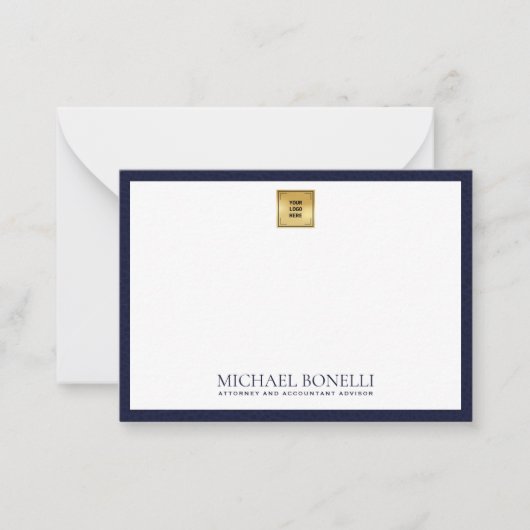 Elegant Navy Blue Leather Gold Logo Monogram Notitiekaartje (Voorkant)