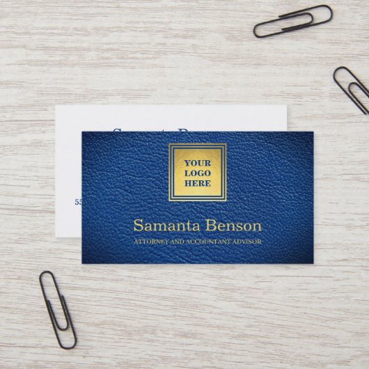 Elegant Navy Blue Leather Professional Your Logo Visitekaartje (Voorkant / Achterkant in situ)