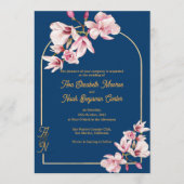 Elegant Navy Blue Magnolia Floral Wedding Kaart (Voorkant)