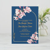 Elegant Navy Blue Magnolia Floral Wedding Kaart (Staand voorkant)