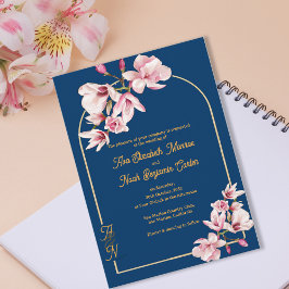 Elegant Navy Blue Magnolia Floral Wedding Kaart