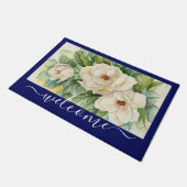 Elegant Navy Blue Magnolia Floral Welcome Script Deurmat (Schuin)
