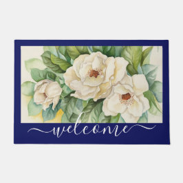 Elegant Navy Blue Magnolia Floral Welcome Script Deurmat