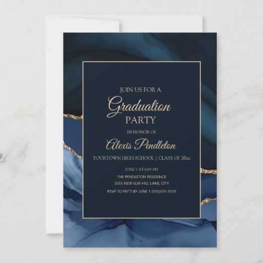 Elegant Navy Blue Marble Agate Afstuderen Kaart (Voorkant)