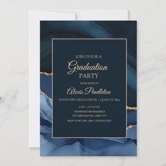 Elegant Navy Blue Marble Agate Afstuderen Kaart (Voorkant)